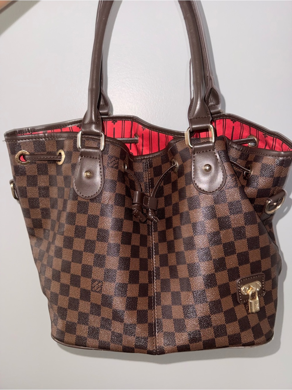 Louis Vuitton Brown Damier Drawstring Tote with Red Interior